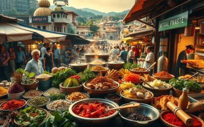 A lively outdoor market filled with colorful spices, herbs, vegetables, and steaming pots of food, with crowds walking among traditional buildings and a mosque-like structure in the background.