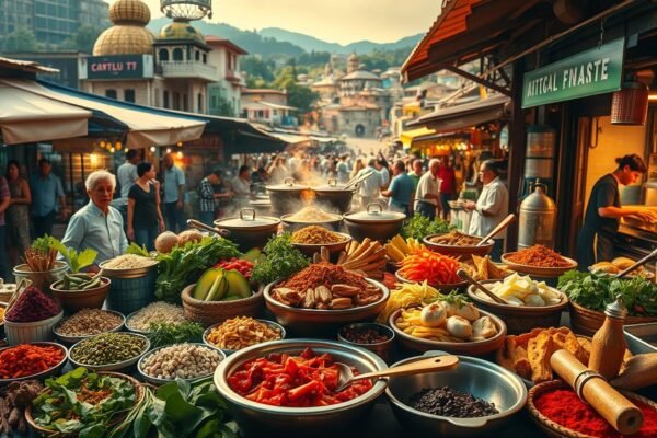 A lively outdoor market filled with colorful spices, herbs, vegetables, and steaming pots of food, with crowds walking among traditional buildings and a mosque-like structure in the background.