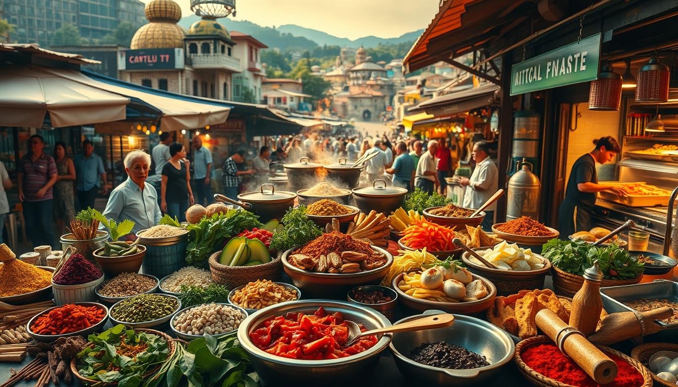 A lively outdoor market filled with colorful spices, herbs, vegetables, and steaming pots of food, with crowds walking among traditional buildings and a mosque-like structure in the background.