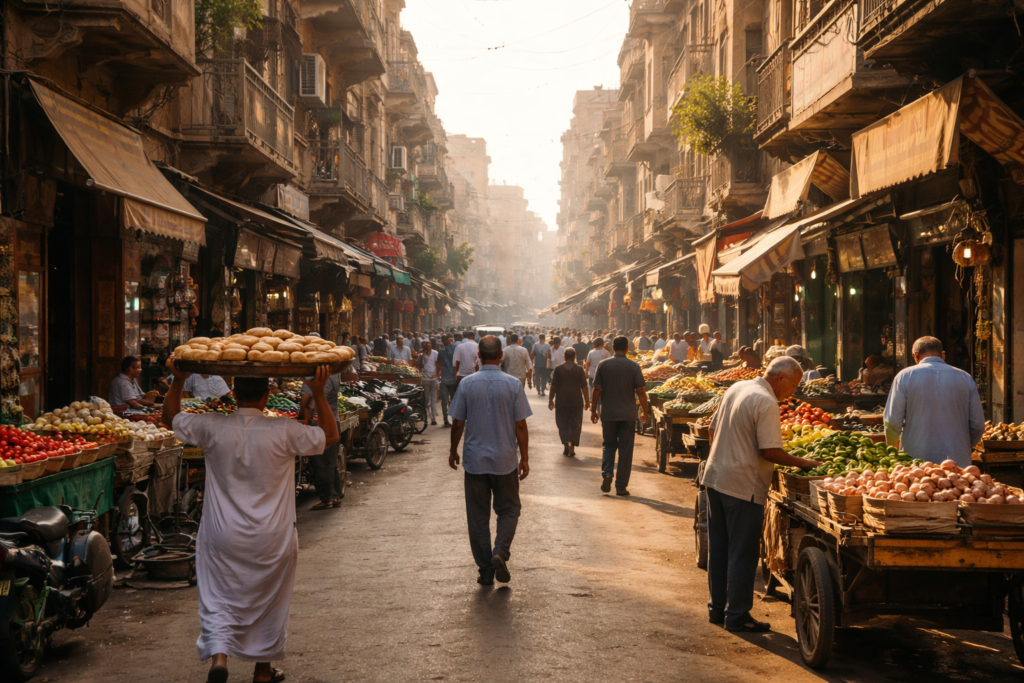 Realistic Egyptian street scene with vendors and pedestrians representing everyday life while Visiting Egypt.