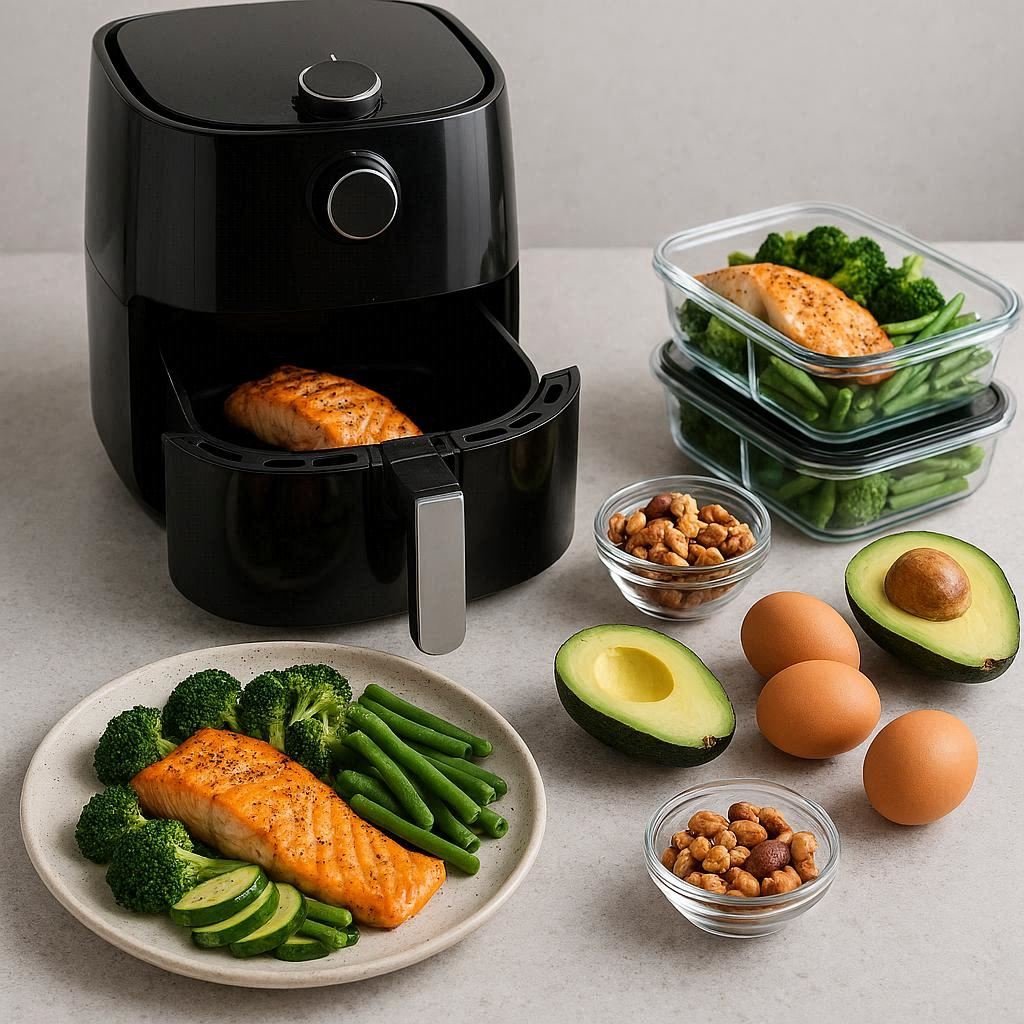 Healthy keto meal prep with air fryer including salmon, vegetables, avocado, and portioned containers for weight loss