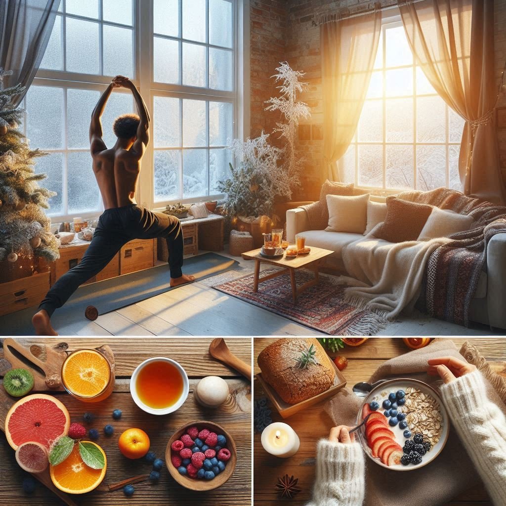 OIG1 (4) Person stretching in sunlight with tea and healthy breakfast, symbolizing Winter Wellness