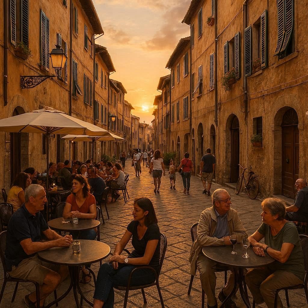 Cinematic Italian street with people and cafés during sunset representing Italy Travel Guide