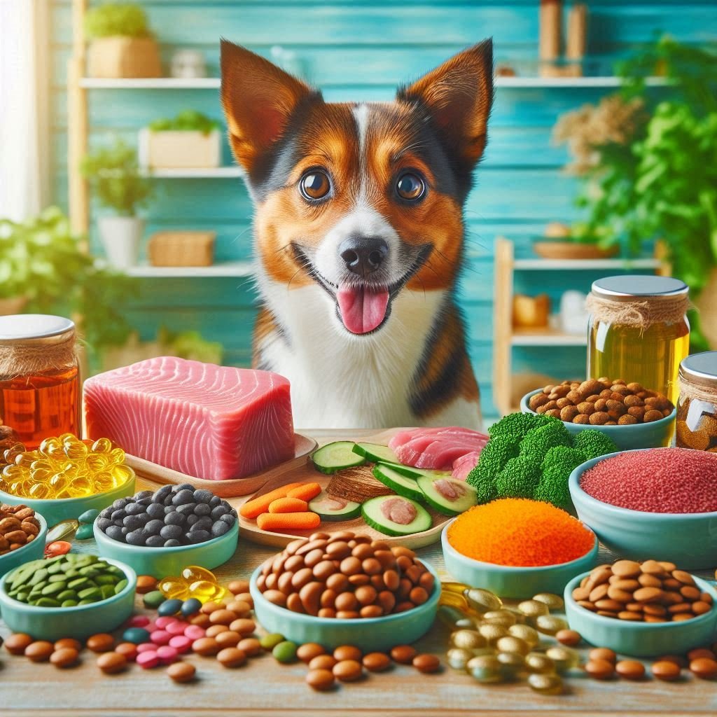 A happy dog looking at a variety of healthy meals including raw BARF food, fresh-cooked meals, and supplements, illustrating optimal dog nutrition
