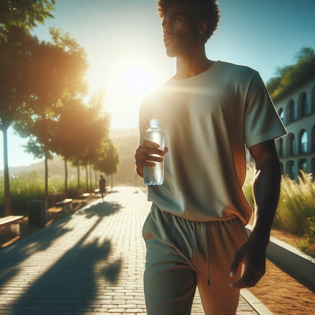 Person walking in sunlight holding water bottle representing prevention of Summer Health Problems.