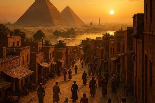 Egypt travel guide showing pyramids of Giza and modern Cairo city skyline at sunrise