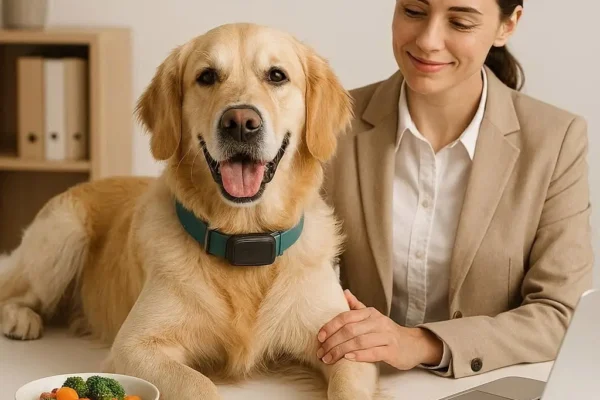 "A vibrant Golden Retriever in a modern home environment, surrounded by high-tech care essentials like a GPS collar, fresh nutrient-dense food, and a pet wellness kit, illustrating professional dog care in 2026