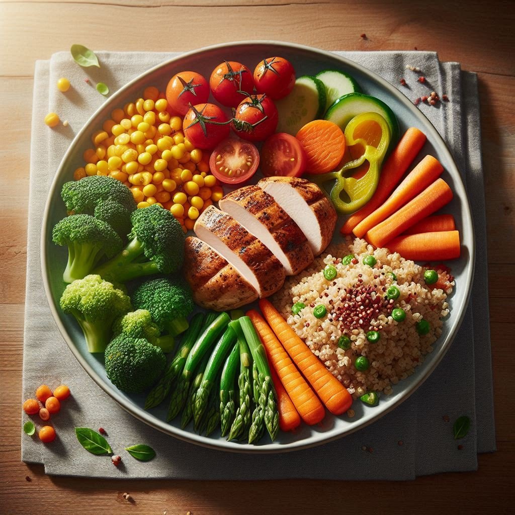 
"Healthy dinner plate with grilled chicken, vegetables, and grains representing Healthy Dinner Recipes for Busy Americans for quick and nutritious meals.