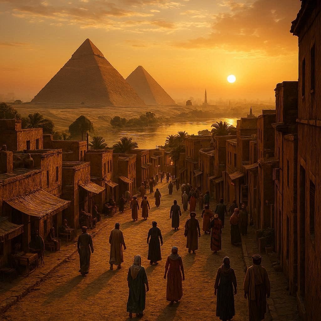 Egypt travel guide showing pyramids of Giza and modern Cairo city skyline at sunrise