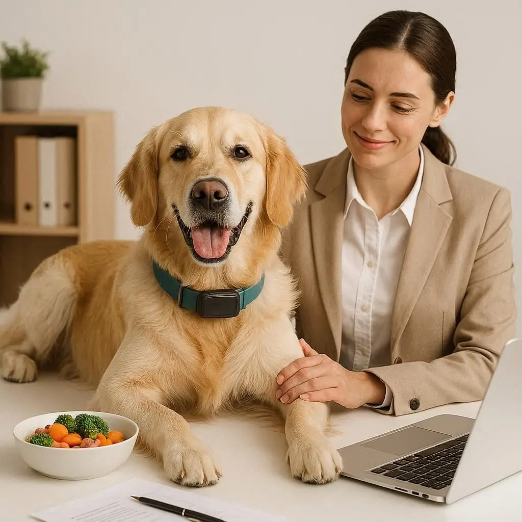 "A vibrant Golden Retriever in a modern home environment, surrounded by high-tech care essentials like a GPS collar, fresh nutrient-dense food, and a pet wellness kit, illustrating professional dog care in 2026