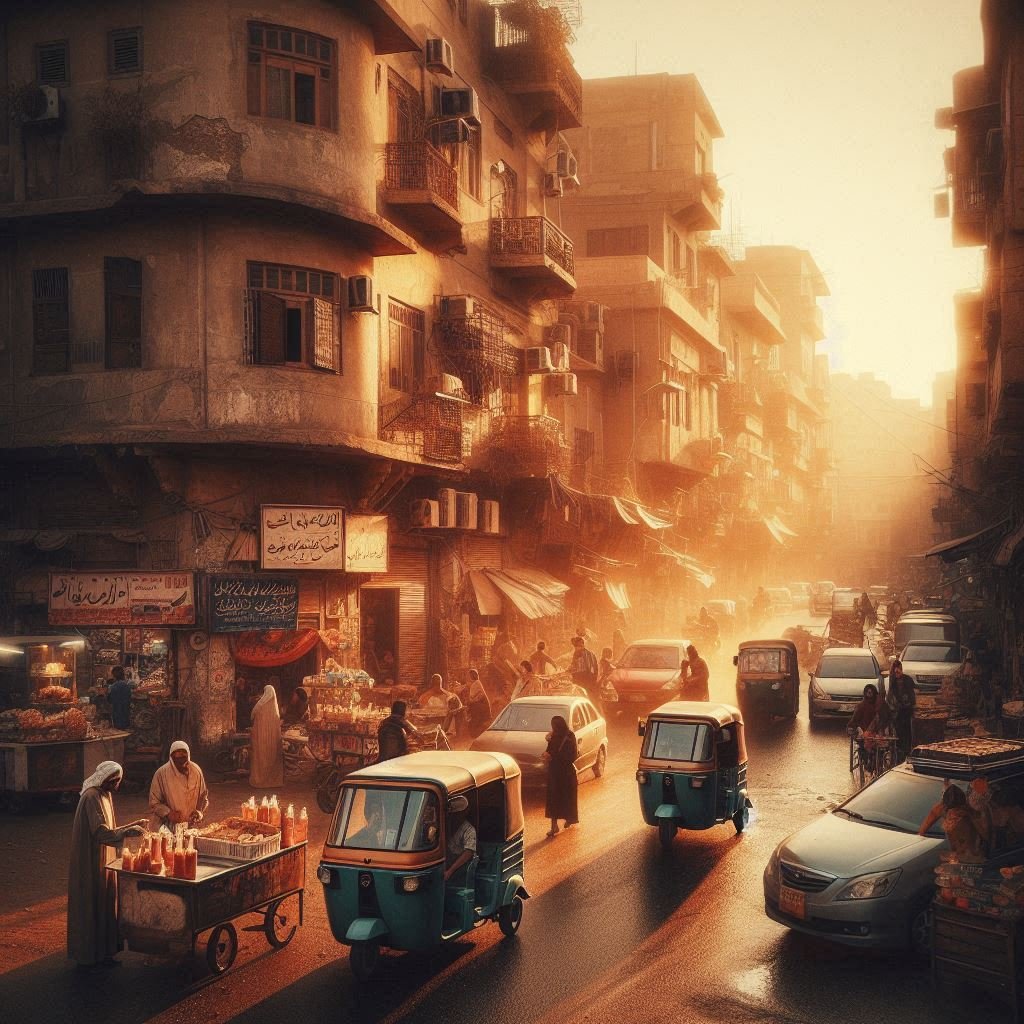 Realistic Egyptian street scene with daily life, traffic, and warm lighting representing Egypt Travel Guide