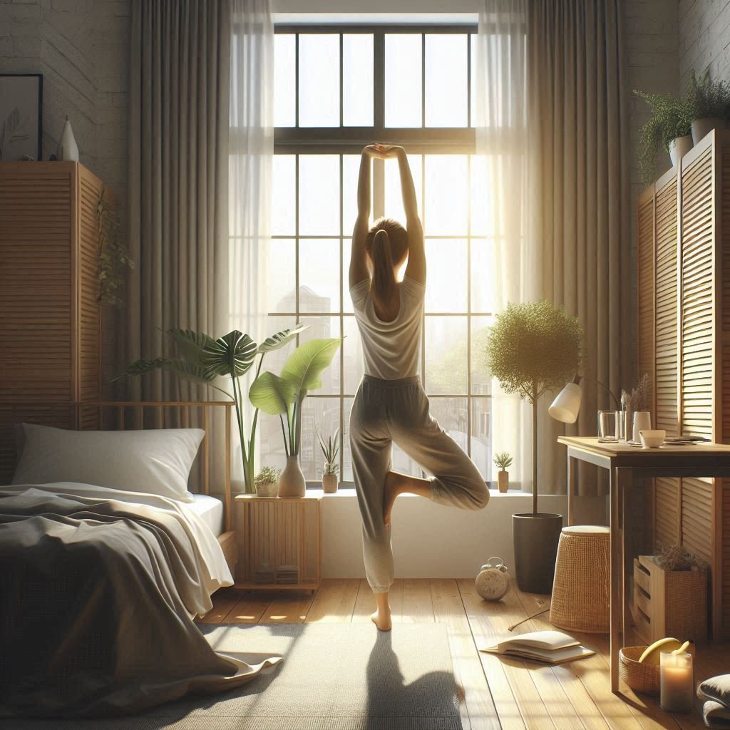 OIG3 (2) Person stretching in morning sunlight with water representing Preventive Health 2026 routine.