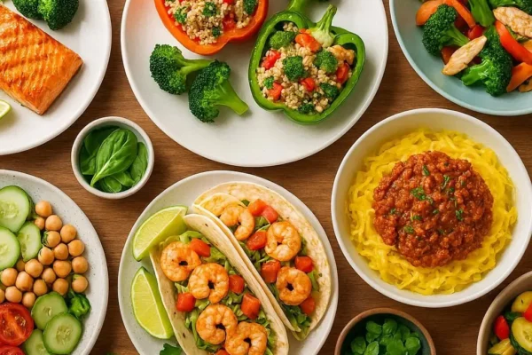 Healthy quick dinner meals with salmon shrimp tacos quinoa stuffed peppers and vegetables