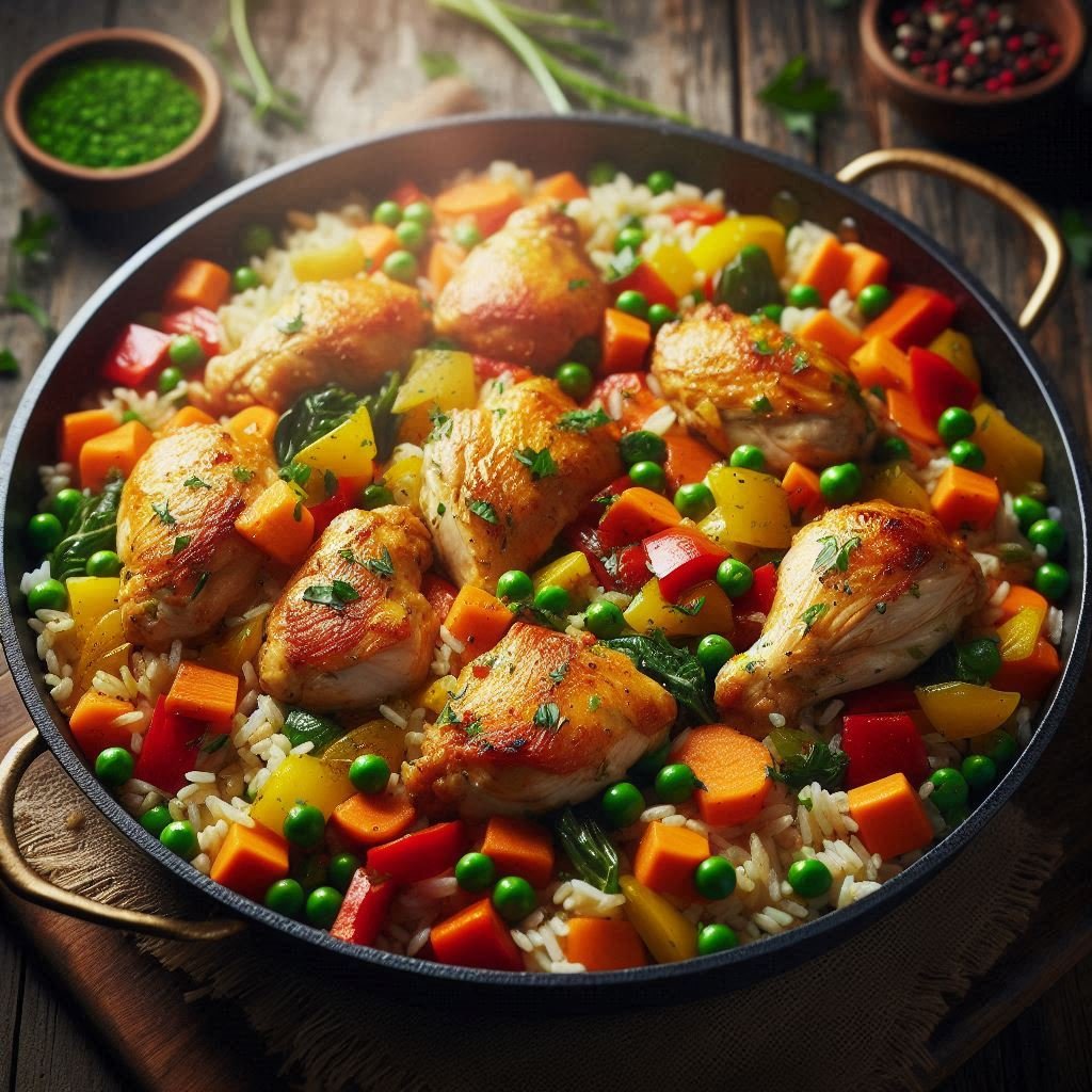
"Overhead view of a colorful one-pot dinner showcasing fresh vegetables, chicken, and grains steaming in a skillet – a perfect example of Easy One-Pot Dinner Recipes for quick and healthy weeknight meals."