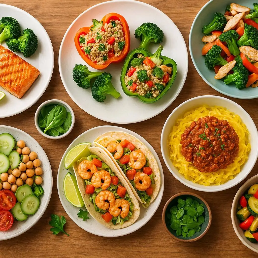 Healthy quick dinner meals with salmon shrimp tacos quinoa stuffed peppers and vegetables