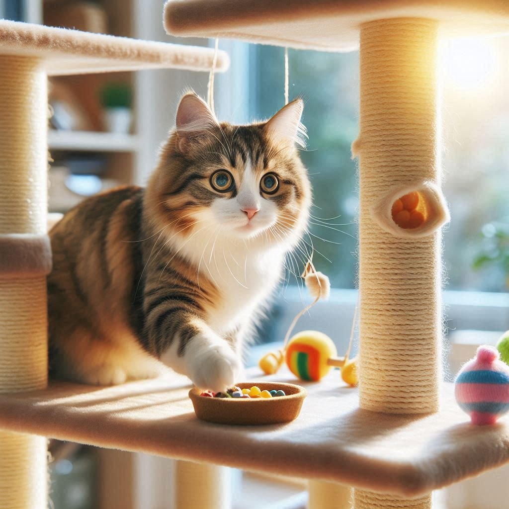 
"A happy indoor cat playing with a puzzle feeder and climbing shelves, showing how attentive Cat Care and Health enhances mental and physical well-being.