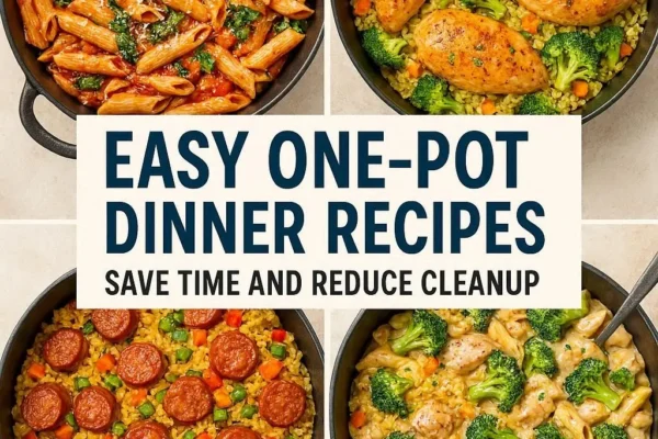 One-pot chicken and rice dinner cooked in a large skillet Creamy one-pot pasta with chicken and vegetables Healthy one-pot salmon and roasted vegetables Mexican-style one-pot rice bowl with beef and beans Vegetarian one-pot stir fry with colorful vegetables
