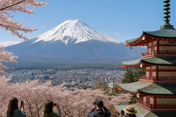 First-time travel in Japan exploring cities, temples, and nature Tourists enjoying cherry blossoms and Mount Fuji Japanese cultural and sightseeing experience Iconic landmarks for Japan visitors
