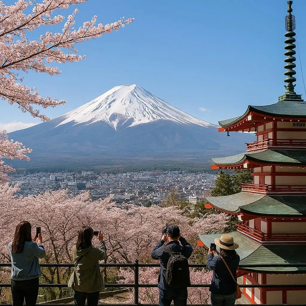First-time travel in Japan exploring cities, temples, and nature Tourists enjoying cherry blossoms and Mount Fuji Japanese cultural and sightseeing experience Iconic landmarks for Japan visitors