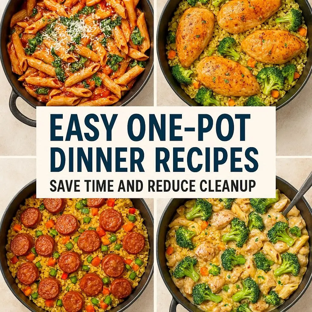 One-pot chicken and rice dinner cooked in a large skillet Creamy one-pot pasta with chicken and vegetables Healthy one-pot salmon and roasted vegetables Mexican-style one-pot rice bowl with beef and beans Vegetarian one-pot stir fry with colorful vegetables