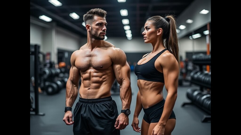 Two athletes with sculpted physiques facing each other in a gym, surrounded by weights and training equipment.