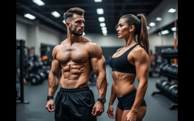 Two athletes with sculpted physiques facing each other in a gym, surrounded by weights and training equipment.