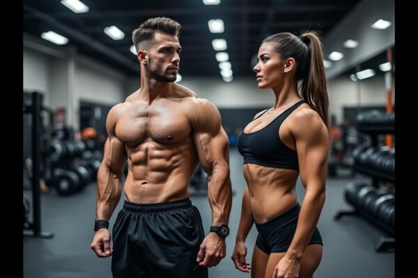 Two athletes with sculpted physiques facing each other in a gym, surrounded by weights and training equipment.
