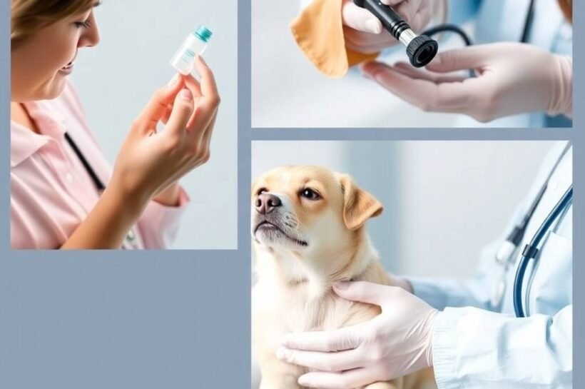 A collage of veterinary care scenes showing a vet examining a vial, another cleaning a stethoscope, and a small dog receiving a gentle check‑up from a gloved professional