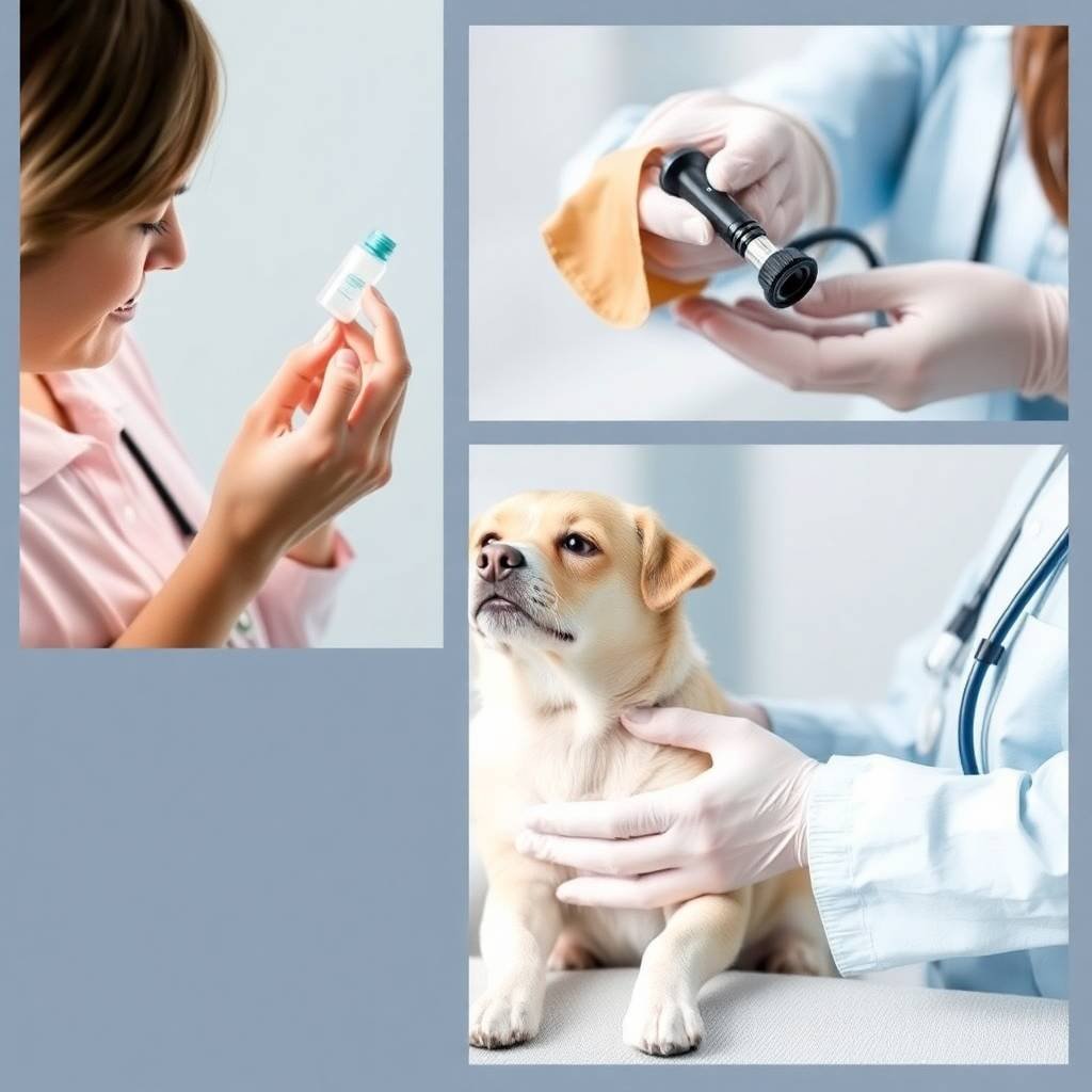 A collage of veterinary care scenes showing a vet examining a vial, another cleaning a stethoscope, and a small dog receiving a gentle check‑up from a gloved professional