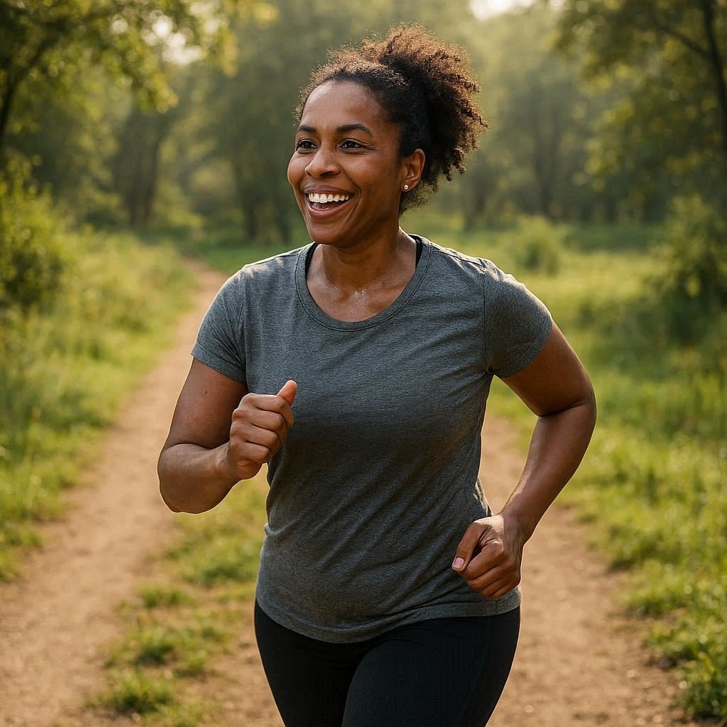 “Real person jogging outdoors in a sunlit park, demonstrating how exercise transforms your health by improving heart function, mental clarity, and overall well-being.