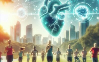 "People jogging and cycling in a park with a digital anatomical heart above them connected to medical icons like a brain, DNA, and heartbeat line.