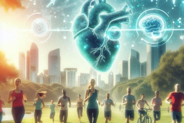 "People jogging and cycling in a park with a digital anatomical heart above them connected to medical icons like a brain, DNA, and heartbeat line.
