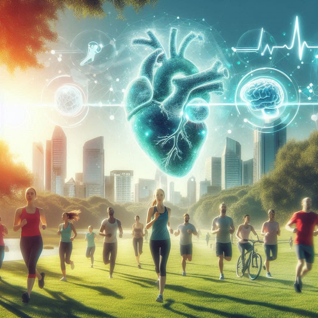 "People jogging and cycling in a park with a digital anatomical heart above them connected to medical icons like a brain, DNA, and heartbeat line.