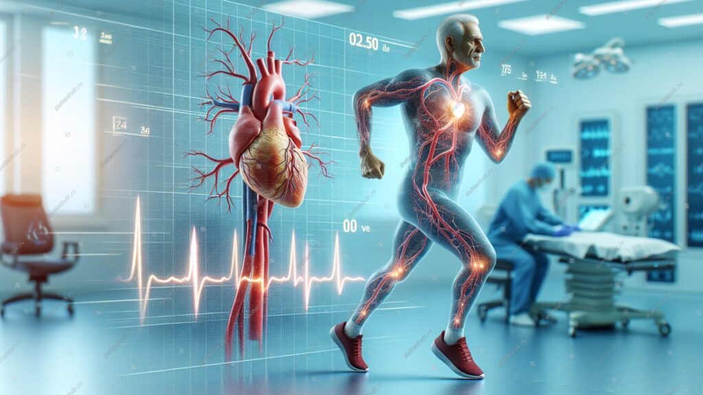 A digital illustration showing a glowing human heart with a transparent running figure displaying highlighted blood vessels. In the background, a medical professional works with monitoring equipment, alongside ECG lines and real‑time biometric data