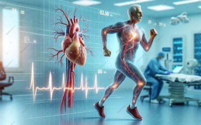 A digital illustration showing a glowing human heart with a transparent running figure displaying highlighted blood vessels. In the background, a medical professional works with monitoring equipment, alongside ECG lines and real‑time biometric data