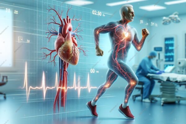 A digital illustration showing a glowing human heart with a transparent running figure displaying highlighted blood vessels. In the background, a medical professional works with monitoring equipment, alongside ECG lines and real‑time biometric data