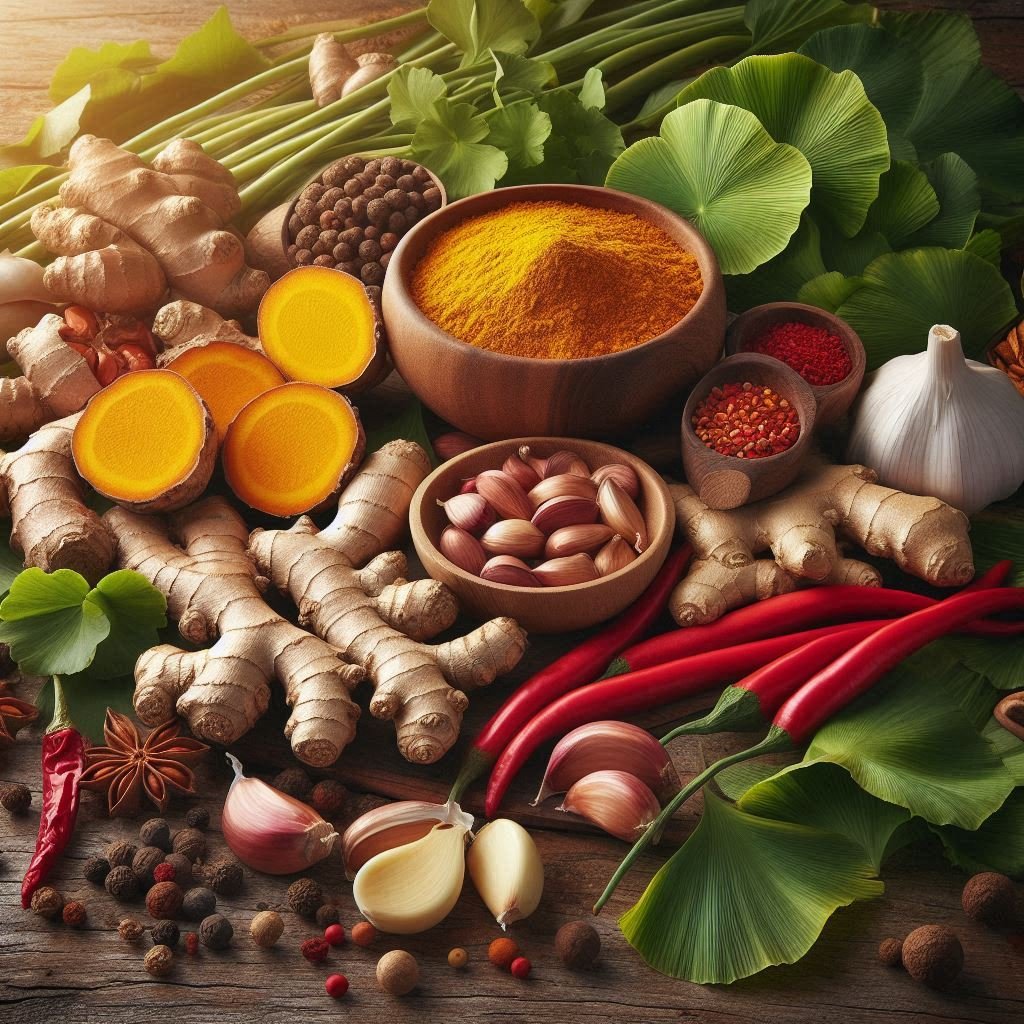 Natural Herbs for Blood Circulation including turmeric ginger garlic and cayenne pepper on wooden table