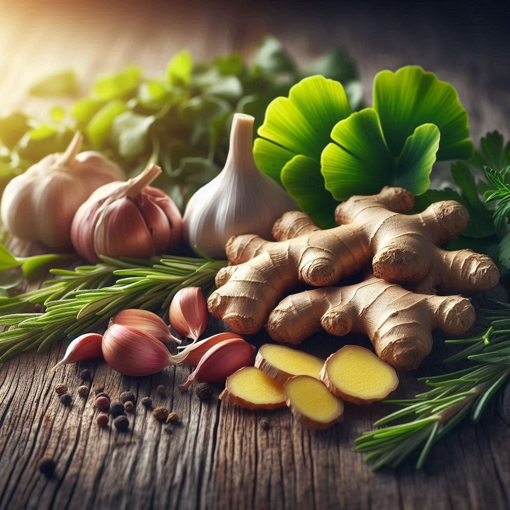Herbs for Blood Circulation including ginger garlic ginkgo and rosemary on wooden background