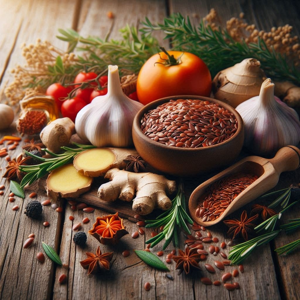 Natural herbs for blood circulation including garlic, ginger, rosemary and hawthorn on wooden table