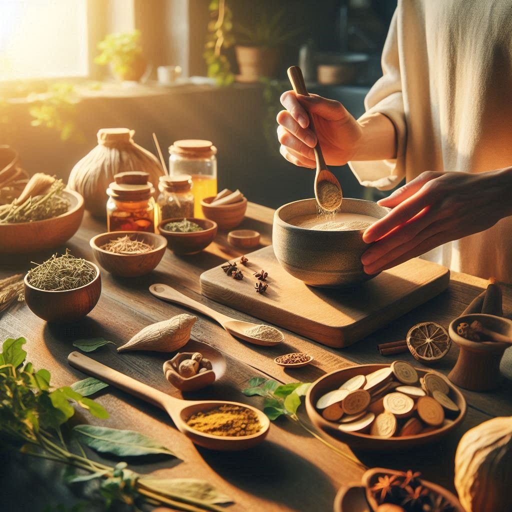 Person making herbal tea using ashwagandha for Ashwagandha for Stress Relief and Hormone Balance