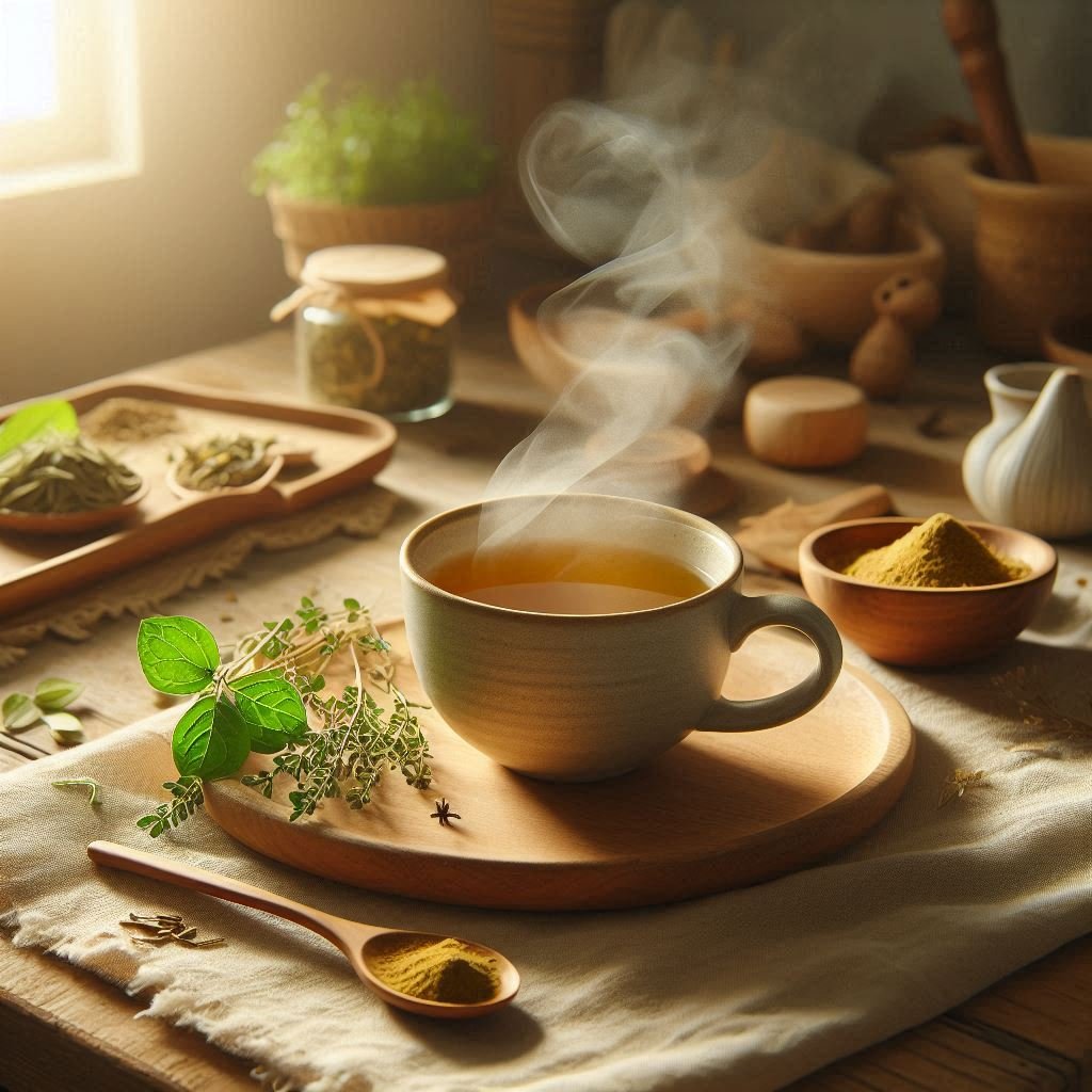 OIG4 (5) Herbal tea with ashwagandha in a peaceful setting representing Ashwagandha for Stress Relief and Hormone Balance